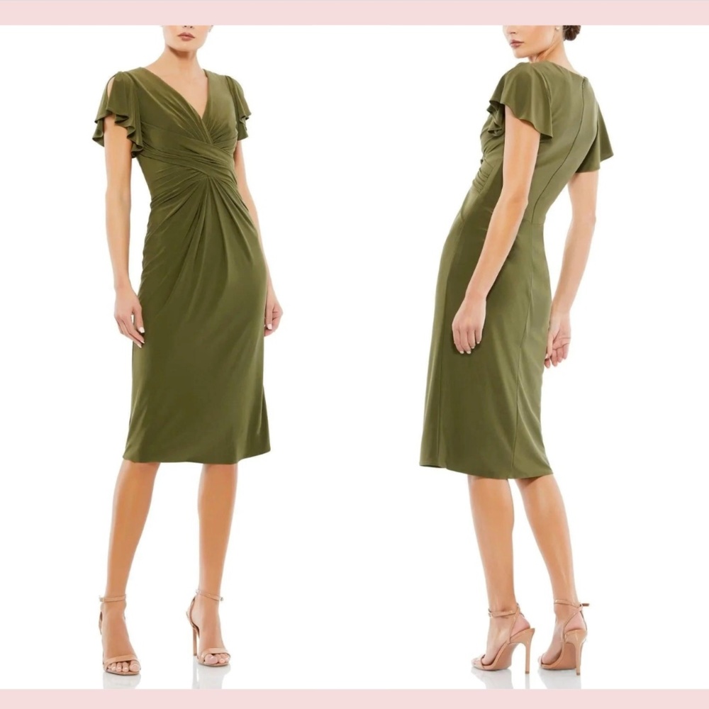 DEFECT Ieena‎ Mac Duggal [ 4 ] Flounce Sleeve Jersey Dress in Olive Green